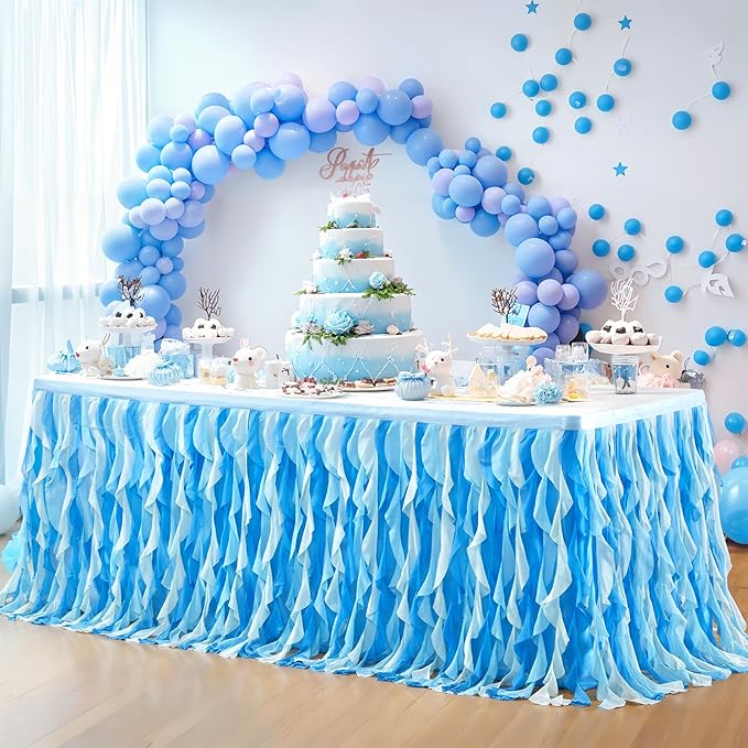 Partisky Ocean Blue Tulle Tutu Ruffle Curly Willow Table Skirt for Rectangle Table 14ft,Under The Sea Baby Shark Themed Table Cloth for Boys Girls Birthday Party or Baby Shower