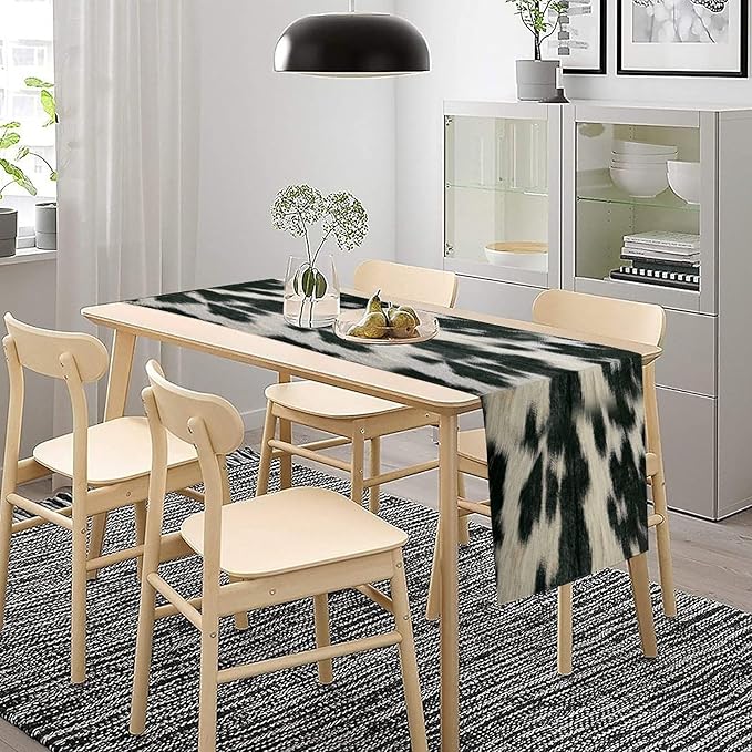 Rustic Cow Skin Print Table Runner, Country Farm Animal Fur Skin Pattern Western Style Brown Cowhide Print Cotton Linen Cottage Dinner Runner for Home Kitchen Dining, 13x90 Inch