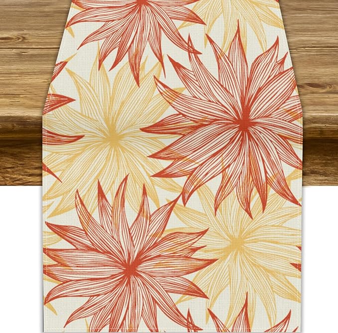 Autumn Chrysanthemum Table Runner, Vintage Modern Geometric Floral Boho Table Runner for Kitchen Dining Bedroom Living Room Table Decor for Indoor Outdoor Home Party, 13x90 Inch