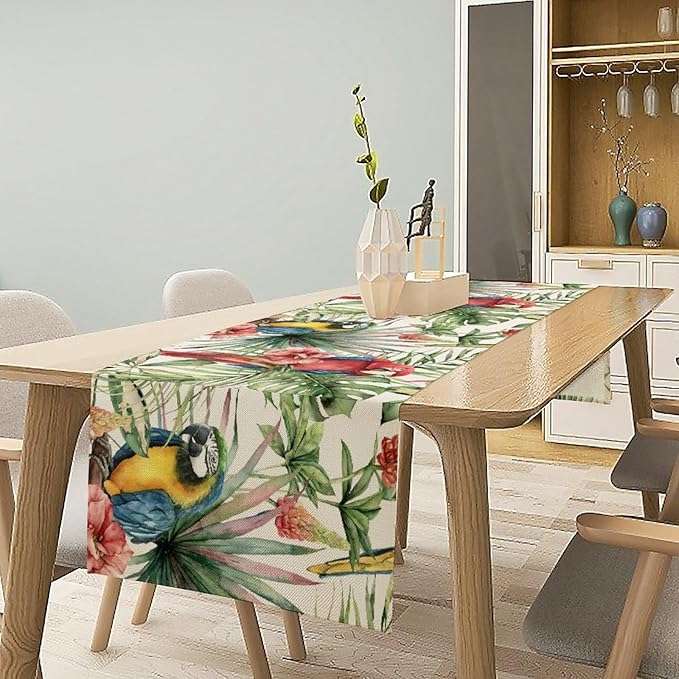 Parrot Table Runner,Tropical Palm Leaf Colorful Macaw Bird Watercolor Print Tablecloth Burlap for Hotel Indoors Outdoor Dining Room Kitchen Home Decor,W13X L70 in