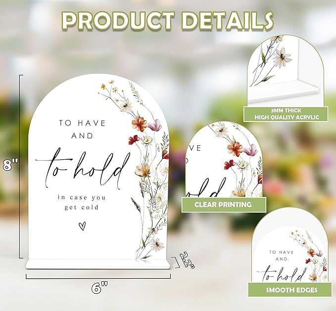Boho Floral Wedding Blanket Sign, 6 x 8 Inch White Arch Acrylic Wedding Sign with Holder, Wedding Sign for Ceremony and Reception, Wedding Decoration, Wedding Supplies - BX30