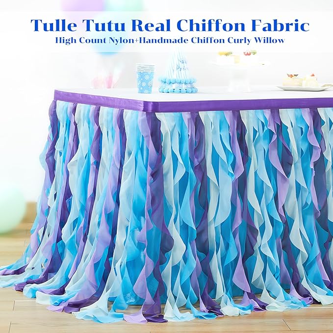 Partisky Mermaid Tulle Tutu Ruffle Curly Willow Table Skirt for Rectangle Table 17ft, Mermaid Themed Party Table Cloth for Girls Birthday Party or Baby Shower