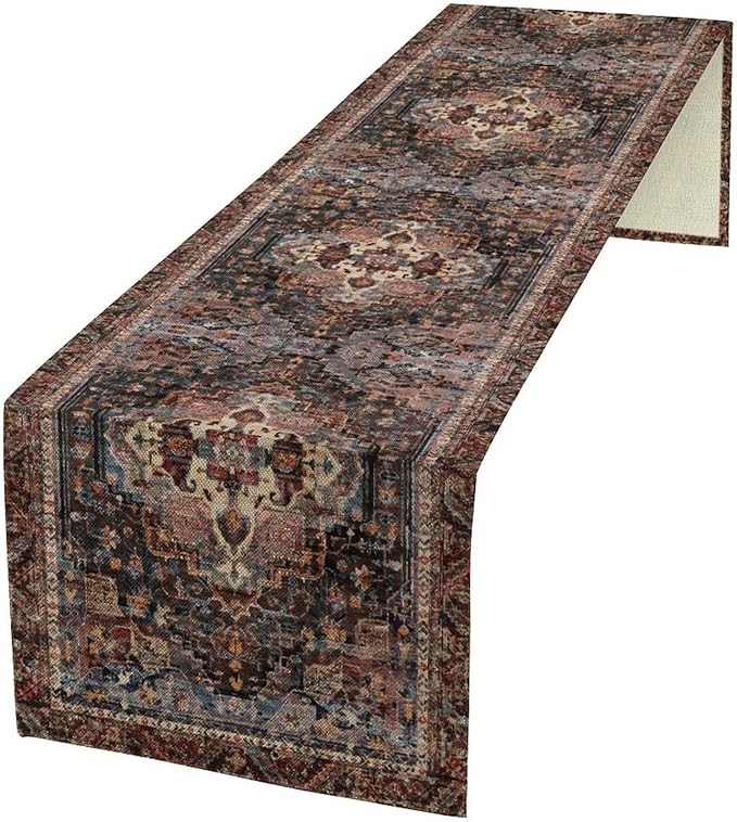 Vintage Boho Floral Table Runner, Rustic Country Farmhouse Black Bohemia Flower Pattern for Home Kitchen Table Decor Dining Coffee Room Party Decor 13x108in