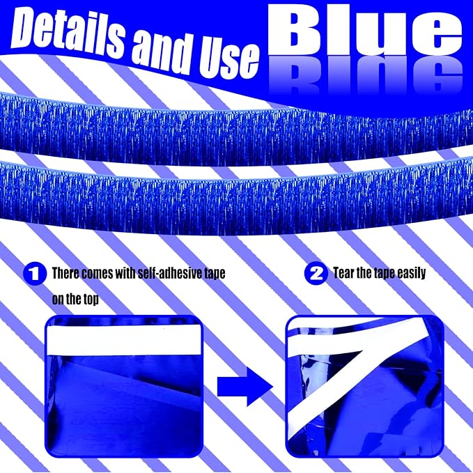 6 Pack 10 Feet Foil Fringe Garland Metallic Tinsel Streamers Banner Wall Hanging Curtain Backdrop Banner for Parade Floats, Thanksgiving, Christmas, Birthday, Halloween Party Decorations(Blue)