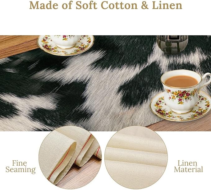 Cow Skin Print Table Runner, Rustic Country Farm Fur Skin Cowhide Pattern Western Style Black White Print Table Runner for Home Kitchen Dinning, 13x90 Inch