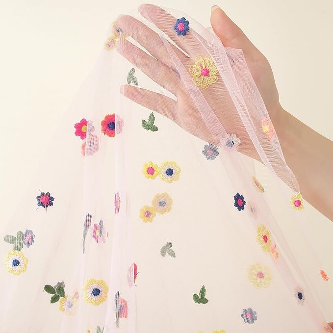 Pink Embroidery Daisy Fall Table Runner 120Inch 10FT Florals Soft Sheer Tulle Fabric Table Runner for Home Decor, Brithday, Wedding, Baby Shower ,Holiday ,Parties, DIY Craft,3PC