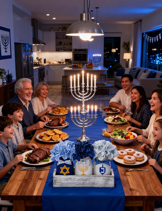 Hanukkah Decorations for Home, Chanukah Table Decor with Mason Jars, Hydrangea, Wood Tray, Hanukkah Gifts Table Centerpieces, 25 Pcs Chanukah Decorations Indoor for Living Room Bedroom