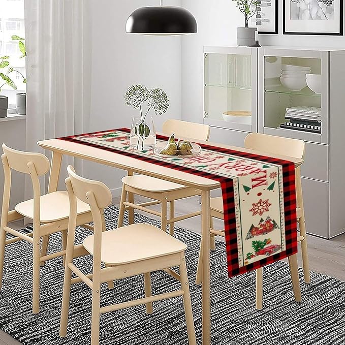 Merry Christmas Table Runner,Winter Xmas Holiday Table Cloth Kitchen Dining Table Decoration for Home Party Decor 13x70 Inch