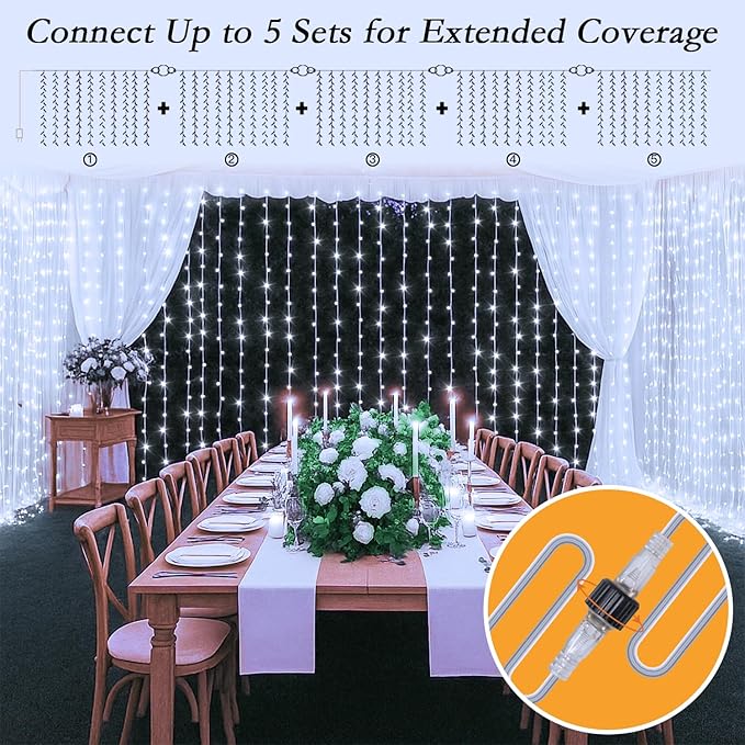 300 LED Curtain String Lights 9.8FT Plug in Fairy Lights with Timer and 8 Modes, Waterproof Window Wall Lights for Bedroom Wedding Party Indoor Outdoor Christmas Decor