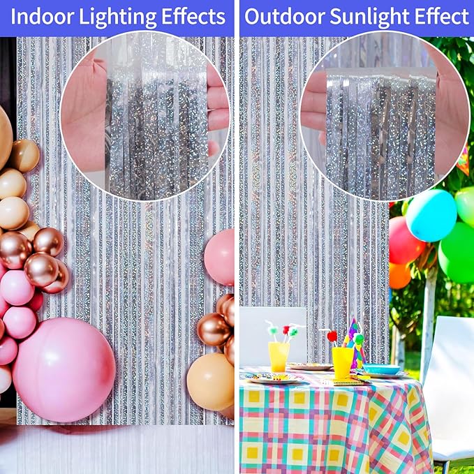 Picoway 4 Pack Foil Fringe Tinsel Backdrop Curtains, Birthday Engagement Bachelorette Party Decorations, Photo Booth Props Door Streamers Curtain (Silver)