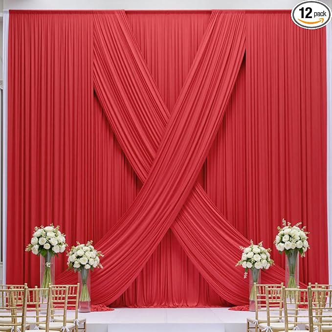 60×12ft Wrinkle Free Red Backdrop Curtain for Wedding Parties,12 Panels 5×12ft Long Soft Silky Polyester Backdrop Drapes Red Photo Back Drop Curtains for Photography Stage Christmas Background Cloth