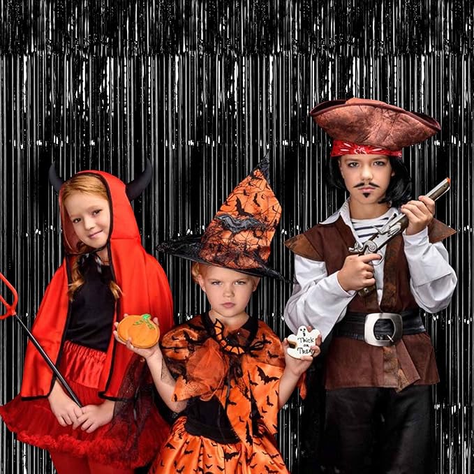 6 Pack Black Foil Fringe Curtains Backdrop, 3.28 x 8.2 Ft Metallic Streamers Tinsel Curtains Background for Photo Booth, Birthday, Weddings, Carnivals, Graduation, Themed Party Decorations