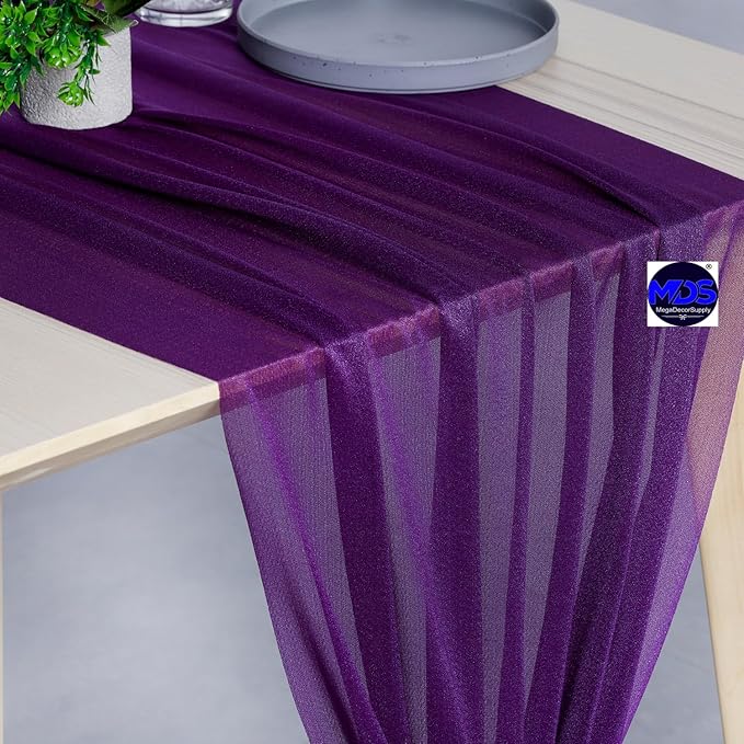 MDS 20 Pack 10ft Chiffon Table Runner 29 x 120 Inches Sheer Wedding Runner Romantic Rustic Table Runner for Wedding Decorations, Birthday Parties, Bridal Shower Party Arch Decor - Cadbury Purple