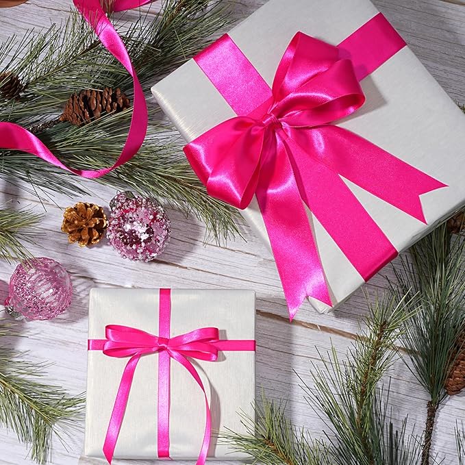 LaRibbons Hot Pink Satin Ribbon 3/8 Inch 25 Yards Luxury Double Faced Hot Pink Ribbon for Gift Wrapping Pink Breast Cancer Ribbons Flower Bouquet Crafts Wedding Party Christmas Decoration