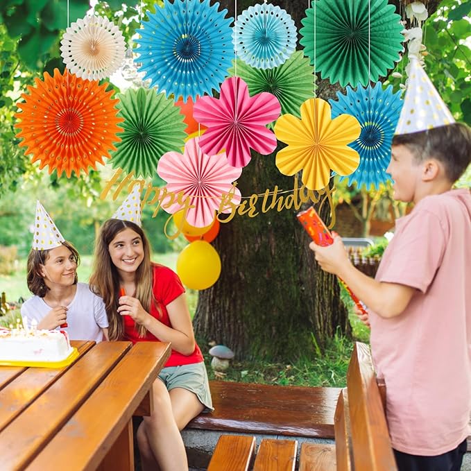 Colorful Birthday Party Decoration Paper Flower Hanging Decoration for Wall Happy Birthday Banner Paper Fans Deco for Tropical Hawaii Luna Birthday Party