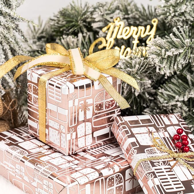 WRAPAHOLIC Wrapping Paper Roll - Mini Roll - 17 Inch x 33 Feet - Rose Gold Present Design with Metallic Foil Shine for Birthday, Party, Baby Shower
