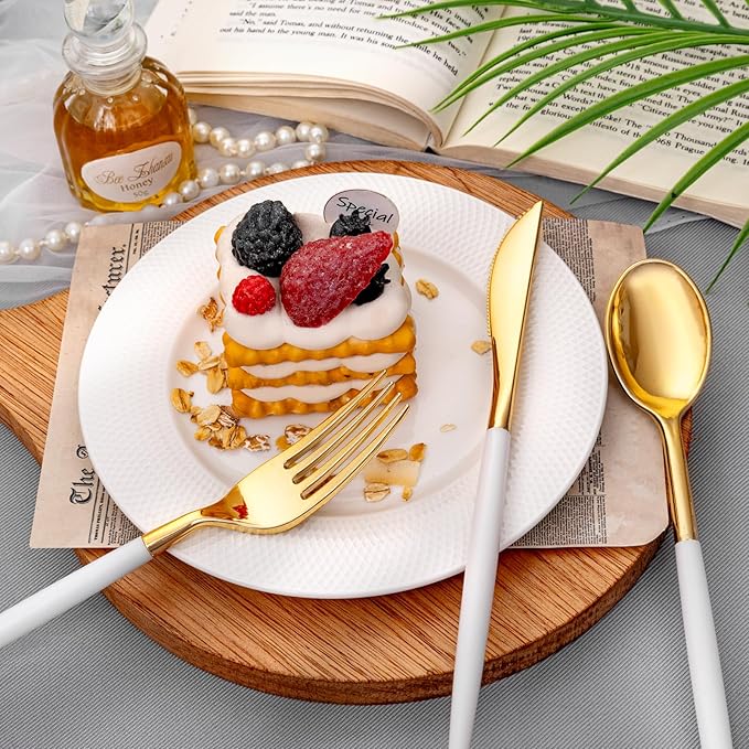 SUT Gold Plastic Silverware, 160Pcs Gold Utensils Set Disposable, 80 Gold Plastic Forks, 40 Gold Knives, 40 Gold Spoons, Gold Plastic Cutlery for Parties, Dinners, Weddings(White Gold)