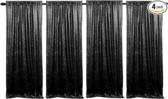 JYFLZQ Black Sequin Backdrop Curtains 2ft x 8ft 4 Panels Glitter Photo Booth Backdrops Sparkly Photography Background Drapes for Halloween Father's Day Graduation Birthday Parties