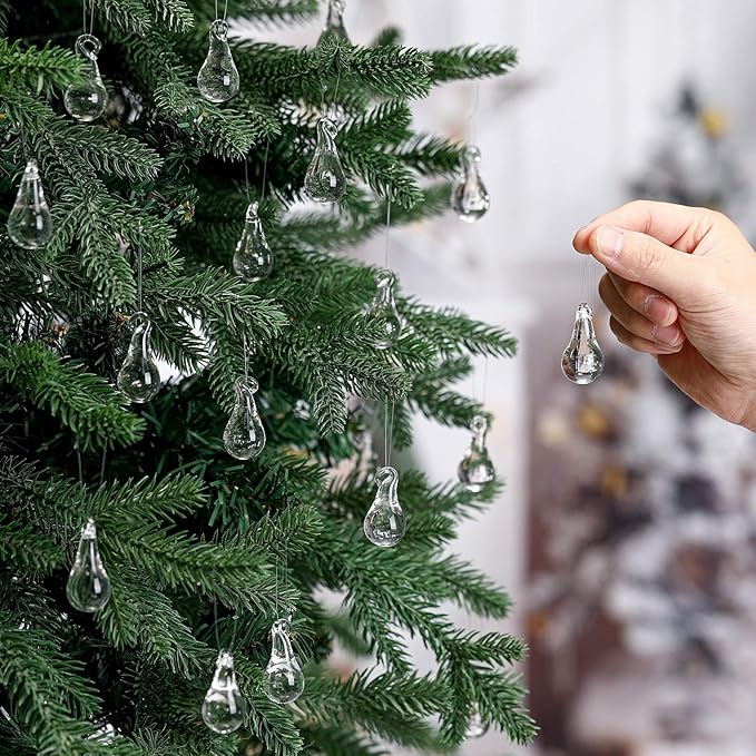 30 Pcs Clear Glass Teardrop Christmas Ornaments Crystal Raindrop Hanging Ornaments Crystal Chandelier Drop Pendant Icicles Decorations for Christmas Tree Winter Party Supplies (Mini Size)