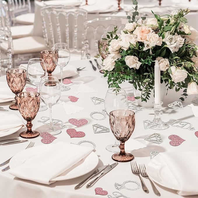 Zhanmai 240 Pieces Wedding Table Confetti, Glitter Rose Gold Heart Silver Diamond Ring I Do Scatter Party Table Decoration for Bridal Shower Engagement Bachelorette Party Decor