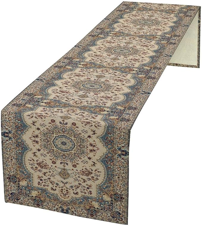Boho Bohemia Style Table Runner, Vintage Blue Teal Gold Retro Flower Rustic Country Style Floral Print Pattern for Home Kitchen Table Decor Dining Coffee Room Garden Party Decor 13x90in
