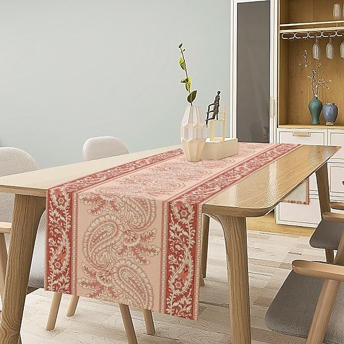 Pink Paisley Table Runner, Abstract Vintage Boho Paisley Flowers Leaves Print Table Runner for Home Kitchen Dining Room Wedding Party Decor, 13x90inch
