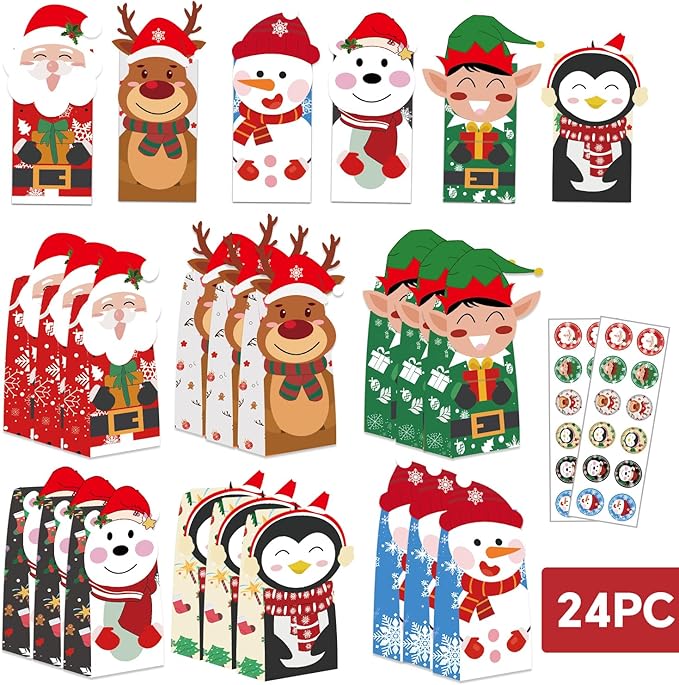 24PCS Christmas Treat Bags, 24PCS Christmas Stickers, Xmas Cookies Wrapping Gift for Classrooms Holiday Party Supplies