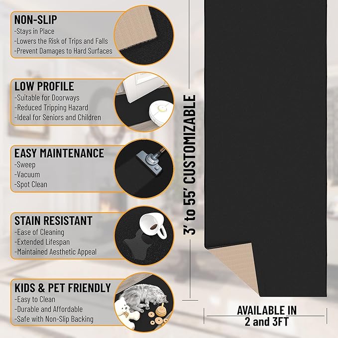 Ottomanson 2x20 Non Slip Extra Long Hallway Runner Rug with Rubber Backing - Solid Modern Kitchen Rug for Bedroom or Living Room, Black, 2' x 20'