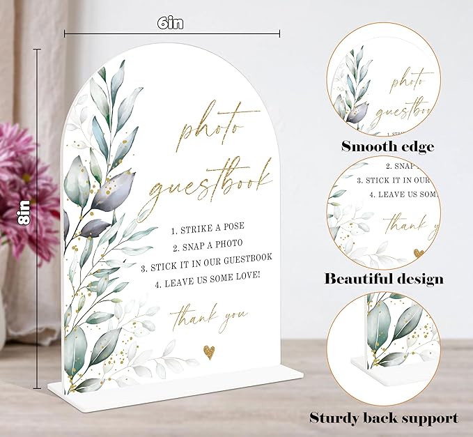 Acrylic Wedding Signs, Greenery Theme Photo Guestbook Sign, Wedding Reception Signage, Bridal Shower Table Decor with Stand, Engagement, Anniversary, Newlywed Events and Parties Supplies, 12