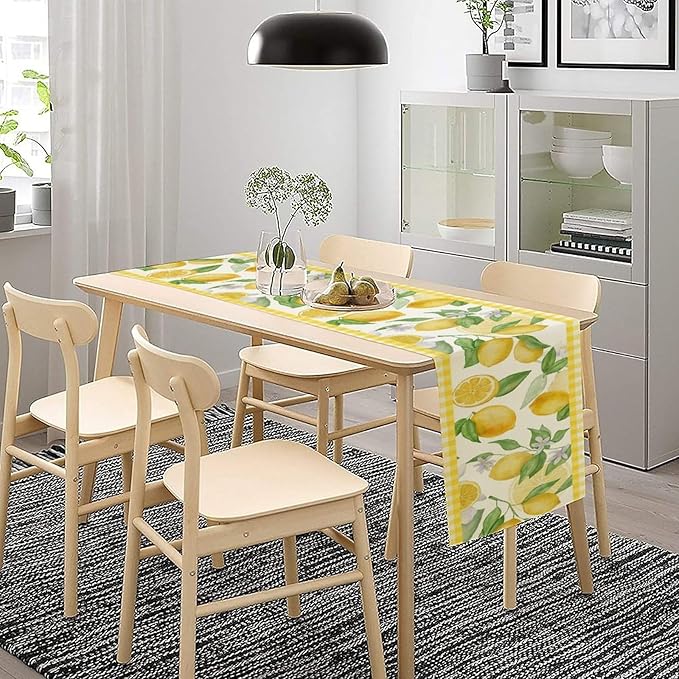 Lemon Table Runner,Yellow White Buffalo Plaid Summer Table Runner for Kitchen Dining Table Home Party Decoration 13x120 Inch