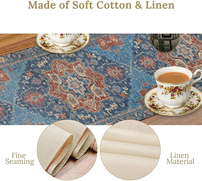 Boho Floral Vintage Table Runner, Retro Abstract Blue Flower Rustic Country Farmhouse Pattern for Home Kitchen Table Decor Dining Coffee Room Party Decor 13x72in