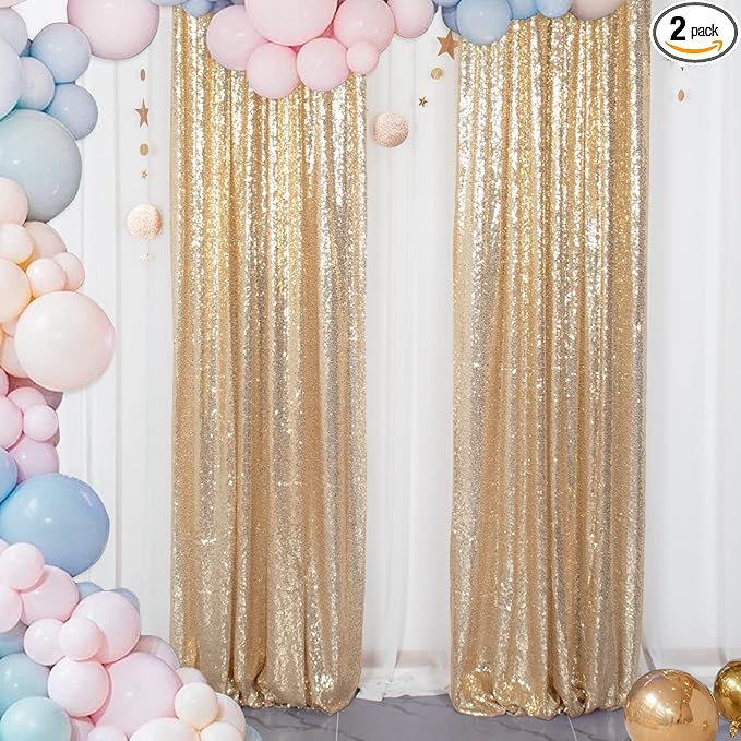 ShinyBeauty Gold Sequin Backdrop Panels 2FTx8FT Sparkly Light Gold Drapes Glitter Photo Booth Backdrop Happy Birthday Graduation(2FTx8FT)