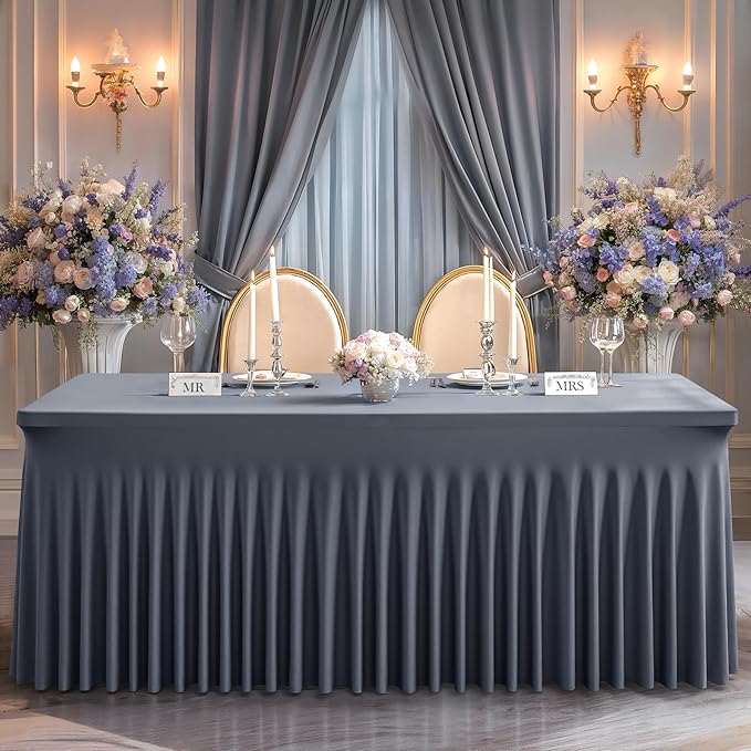 Wish Care 6 Pack Gray Spandex Table Clothes for 6 Foot Rectangle Tables, 6FT Wrinkle Free Fitted Tablecloths Ruffles Design Table Cover for Party, Banquet, Wedding and Events