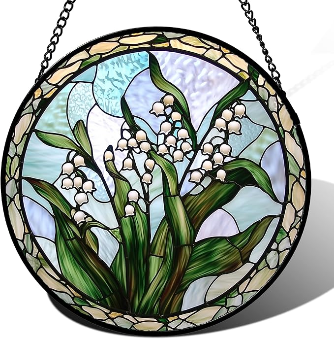 Stained Glass Window Hanging, White Green Lily of The Walley Flowers Sun Catcher for Door Home Decor Plants Suncatcher Christmas Mother's Day Birthday Gifts for Women Men Mom Nana 9.8 in