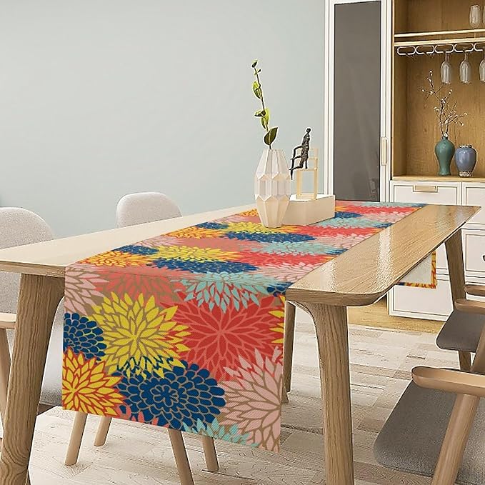 Dahlia Flowers Table Runner Colorful Floral Teal Grey Pink Yellow Blue Abstract Table Runner Kitchen Dining Party Decor Living Room, 13x36 Inch