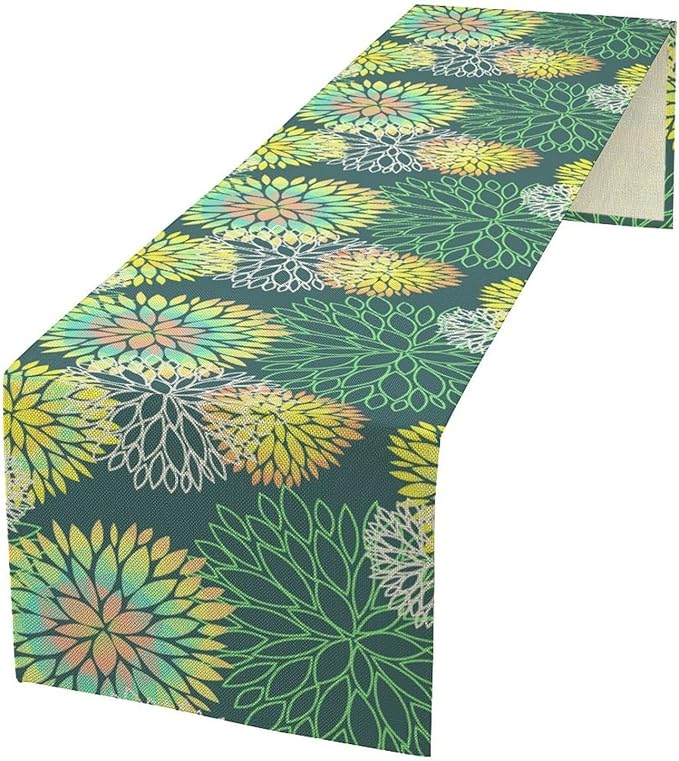 Green Dahlia Flower Table Runner, Linen Geometric Pattern Floral Table Decor Spring Farmhouse Decorations for Kitchen Dining Holiday Party Decor, 13x108 Inch