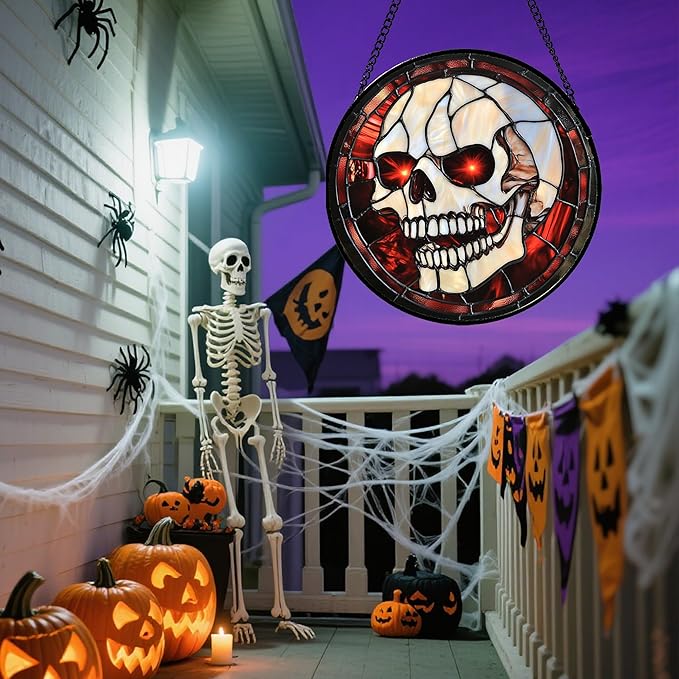 Stained Glass Window Hanging - Halloween Decorations White Skeleton Suncatcher for Doors Garden Indoor Spooky Funny Red Sun Catchers Gothic Decor Horror Gifts for Women Men Friend 11.8 in