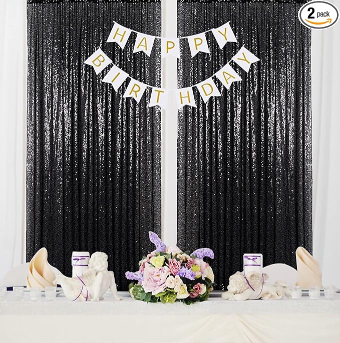 ShinyBeauty Black Sequin Backdrop Curtains 2 Panels Sequin Bakdrop 4x8FT Shimmer Backdrop for Photograph Wedding Backdrop Drapes Black Glitter Backdrop Curtain