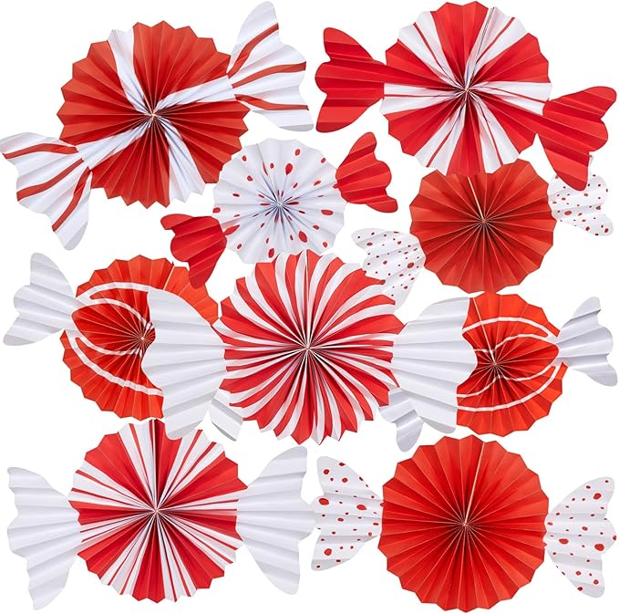 9pcs Candy Party Decorations Sweet Candy Hanging Paper Fans Hanging Decorations Christmas Party Ceiling Wall Garland for Candy Theme Birthday Baby Shower Sweet Shop Christmas
