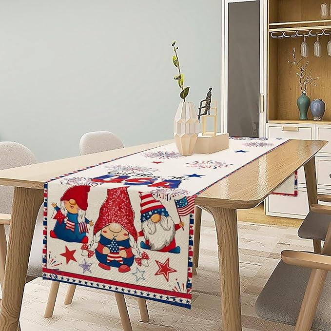 Cute Patriotic Gnomes Table Runner, American Independence Day 4th of July Gnome Blue Red Fireworks Confetti Print Table Runner for Home Kitchen Dining Table Party Decor, 13x90inch