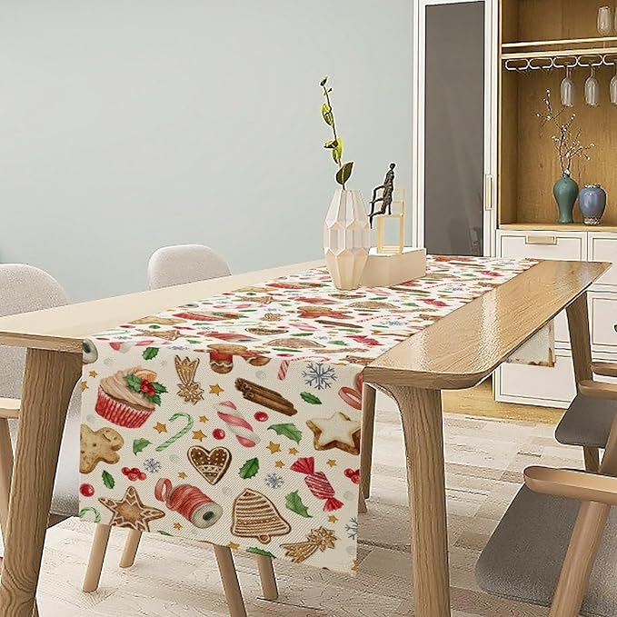 Christmas Table Runner, Christmas Gingerbread New Year Xmas Table Cloth Kitchen Dining Table Decoration for Home Party Decor 13x70 Inch