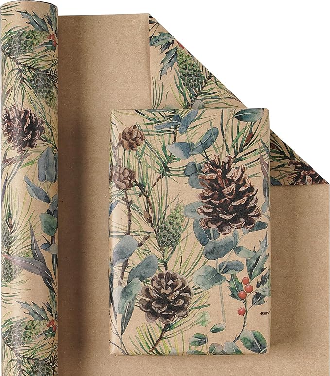 RUSPEPA 30" X 32.8' Kraft Christmas Wrapping Large Paper Roll, Jumbo Roll, Watercolor Pinecone and Eucalyptus Leaf Design, Kraft Gift Wrap for Christmas, Winter Holiday Party, Rustic Natural Theme
