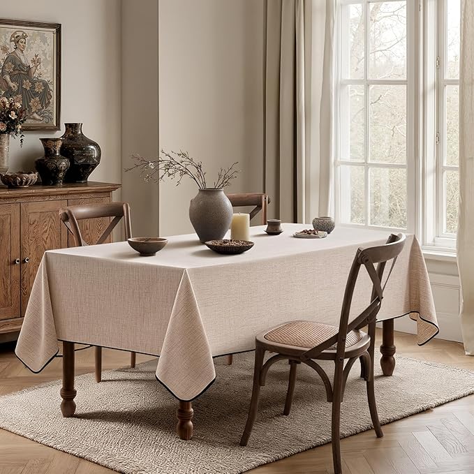 MIULEE Natural-Black Linen Tablecloth 60x84 Inch Rectangle Table Cloth Waterproof,Stain Resistant & Wrinkle Resistant for Dining Party Wedding