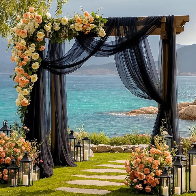 1 Panels Wedding Arch Draping Fabric Black Sheer Backdrop Curtain Arch Drape for Wedding Ceremony Reception,Bridal Shower Party Decorations 28" X 19ft