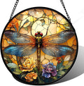 Stained Glass Window Hanging - Orange Blue Dragonfly Flower Suncatcher for Doors Window Home Sun Catchers Decor Christmas Mother's Day Birthday Outdoor Gifts for Women Men Mom Nana 6.3 in