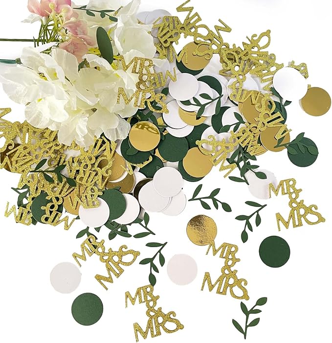 200 Pcs Gold Bridal Shower Decorations, Wedding Table Confetti, Glitter Mr Mrs, Greenery Table Confetti, Engagement Party Scatters
