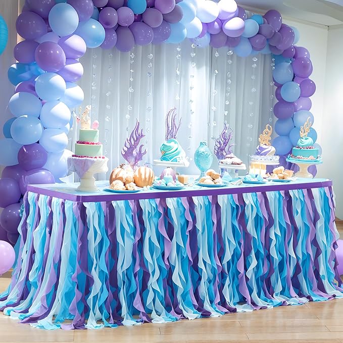 Partisky Mermaid Tulle Tutu Ruffle Curly Willow Table Skirt for Rectangle Table 17ft, Mermaid Themed Party Table Cloth for Girls Birthday Party or Baby Shower