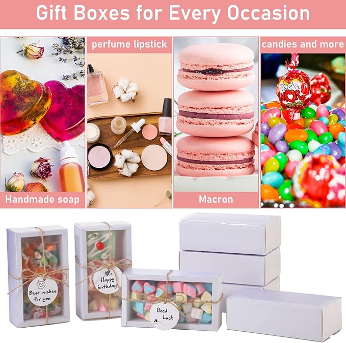 Roowest 50 Sets Kraft Soap Boxes Rectangle Packaging Box with Window Homemade Gift Box with Blank Tags and Jute String for Jewelry Candy Wrapping Party Favor(6.3 x 3.5 x 2 Inch,White)