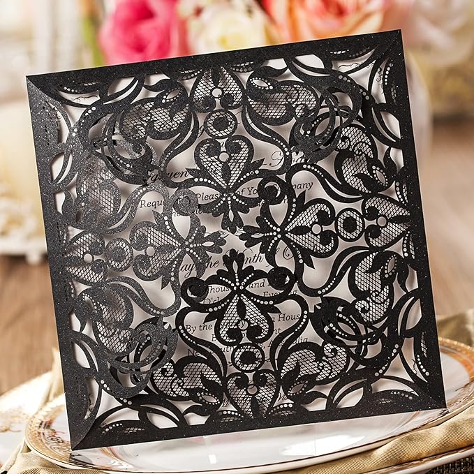 Hosmsua 50PCS Personalized Black Laser Cut Hollow Lace Rose Invitation Cards with Envelopes 6.3 x 6.3 Inch Wedding Invitations for Engagement Wedding Invite (Customized Printed)