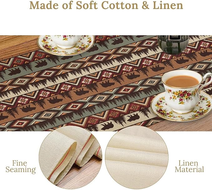 Retro Cabin Table Runner Rustic Bear Forest Farmhouse Lodge Jungle Table Runner for Dinner Party Living Room Kitchen Aztec Vintage 13x120 Inch